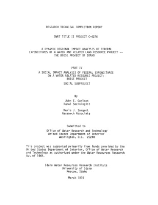 Specific Objectives: 1. To develop methodology for measuring the social impacts of federal investments in water resource development projects. Then, using this methodology --- 2. To analyze the social system existing in the Boise region 'with project', 3. To analyze the social system in the region that might exist 'without project', 4. To use the information from objectives (2) and (3) in assessing changes in social well-being as a result of the development of the project with particular emphasis on comparison of the resulting changes with those anticipated during the initial planning stages of the project.