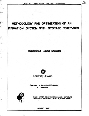 A procedure was developed to specify optimal plans for an irrigation system with temporary internal storage. The procedure was used to develop plans for 1865 ha using farm service reservoirs. Daily potential and actual evapotranspiration for 25 years were computed. Probability distributions of potential and actual evapotranspiration for 1-30 days duration were estimated. A log-normal probability distribution was found to best fit the data, and probability equations for different durations were computed. These distributions were used to determine possible irrigation intervals for different crops growing in different soil types. Costs of different types of irrigation subsystem components were computed including canal sections, farm service reservoirs, pumps, and sprinkler and gravity application subsystems. A marginal cost and benefit analysis was used to select the best irrigation intervals for all soil-crop combinations. The time of occurrence of maximum evapotranspiration for each crop was analyzed and found to follow a log-normal distribution. The peak water requirement of each crop was Xlll computed to determine the peak water requirement of each subunit within the study area. Water-use information was used to compute the volume of interval storage needed within the system. Fifteen farm service reservoirs were located at 15 specified sites by considering physical conditions and other restrictions. Costs and design capacities of farm service reservoirs and canal sections of the system were computed. By utilizing a mixed integer programming model, the locations of farm service reservoirs were optimized; and seven of the original 15 farm service reservoir sites were selected. A linear programming model was then used to compute the optimum capacity of each farm service reservoir, and parametric programming was used to examine the effects of varying water costs of system configuration. The cost and design capacity of the irrigation system with seven farm service reservoirs was computed. The total cost was 32% less than the cost of the irrigation system with the 15 original proposed farm service reservoirs.