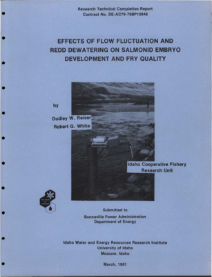 During the fall and winter 1979-1980 tests were conducted in a section of the Middle Snake River within Hells Canyon to determine the effects of hydroelectric power peaking on fall chinook salmon (Onchorhycus tshawytscha) embryo incubation and fry quality. Additional simulated peaking tests were conducted at Hayden Creek research station using artificial stream channels. Steelhead trout (Salmo gairdneri) and chinook salmon egg dewatering tolerance tests were conducted at the Hayden Creek Station using 16 independent flow controllable chambers. In Hells Canyon, no definitive relationship was found between embryo survival and the incidence of flow fluctuations and periodic redd exposure. However, the highest embryo survivals occurred in areas dewatered the least. [...] Submitted to Bonneville Power Administration, Department of Energy.