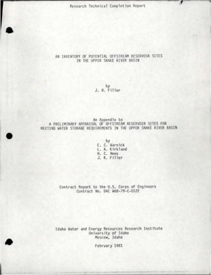 This document serves as an appendix to "A preliminary appraisal of offstream reservoir sites for meeting water storage requirements in the Upper Snake River Basin" (Warnick, Kirkland, Ames, Filler, 1981). It should be noted that all values given in this appendix are estimates done in a very preliminary, reconnaissance-like way. Dam heights and crest lengths are estimated at the water surface elevation indicated and do not reflect a freeboard value. Very rough cost estimates have been calculated for many of the sites in this appendix for the purpose of determining their relative economic acceptability. Included in this appendix are some pumped storage sites and potential redevelopment of existing sites that were studied briefly in this investigative effort. Contract report to the U.S. Corps of Engineers.
