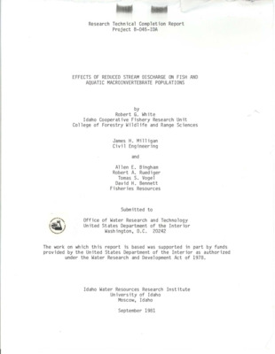 We examined the response of aquatic insects and juvenile rainbow-steelhead trout to flow related changes in habitat and assessed the predictive reliability of three hydraulic simulation models currently used in making instream flow recommendations. We conducted spring, summer and fall tests in two large, near natural artificial stream channels with run-riffle channel configurations. One channel was maintained at constant discharge while flow in the second channel was incrementally reduced. All flow reduction tests resulted in increased behavioral drift and catastrophic drift of aquatic insects, with peak drifting at night. [...] All flow reduction tests resulted in decreased numbers and biomass of juvenile rainbow-steelhead trout. We found that large test fish were affected more by reduced flow than small fish. [...] Submitted to the Office of Water Research and Technology, U.S. Department of the Interior.
