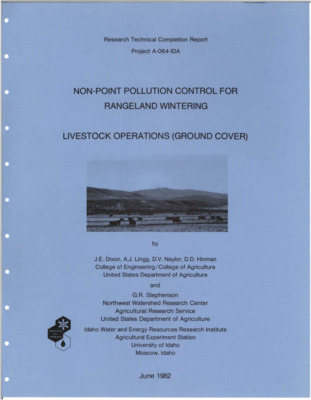Cow-calf cattle operators in the Rocky Mountain West commonly graze their cattle on the range during spring, summer and fall. They hold their cattle in semi-confinement areas during the winter where they are normally fed hay. The holding area is often the land upon which the hay was grown during the summer. This land is often alongside a stream and considered a potential source of non-point pollution for that stream. This study was established to quantify the amount of pollutant loss from cow-calf winter feeding operations and to examine the possibility that one hay crop on the land may retain more pollutants from the runoff water than another. Three ground cover (hay crop) treatments with two replications were established using an alfalfa and grass mixture. The mixtures were those used by ranchers in Owyhee County, Idaho, the location of the test plots. Grasses used with the alfalfa were brome, fescue and orchard grass. After the plots were established in 1979, cattle were placed on them each winter and removed each spring for the next three years. The plots were irrigated twice each year. Irrigation and runoff flows were monitored and water samples taken for analysis. [...] Submitted to the Office of Water Research and Technology, U.S. Department of the Interior.