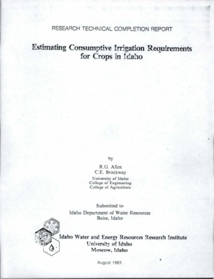 Four consumptive use methods presented by the United Nations Food and Agricultural Organization (FAO) (Doorenbos and Pruitt, 1977) and the Jensen-Haise, SCS-modified Blaney-Criddle, standard Penman and Wright modified Penman (Wright, 1982a) methods were compared using daily weather data from the USDA-ARS Snake River Conservation Research Center at Kimberly, Idaho. The FAO-modified Blaney-Criddle (FAO-BC) method was selected as the best method for estimating consumptive use on a statewide basis, based on accuracy and responsiveness of the equation and the primary data requirement of air temperature, only. An additional benefit of using the single parameter FAO-BC method is that it can be used as a multiple-parameter method where measured values of wind, humidity and solar radiation are available. A ten percent upward adjustment to FAO-BC estimates per 1000 meters elevation suggested by Pruitt (Dooenbos and Pruitt, 1977) was found to be necessary. Alfalfa/FAO-BC reference ratios developed using Kimberly data were found to be transferable to other Idaho sites. NOAA weather stations throughout Idaho were objectively rated according to the degree of station aridity and environmental effects on air temperatures. Mean monthly temperatures at each NOAA site were adjusted downward according to the station aridity rating and maximum aridity effects reported by Allen (1983) for Idaho. Monthly statistics were computed for consumptive use estimated for 98 weather sites in Idaho using the calibrated FAO-BC with elevation correction and alfalfa/FAO-BC reference ratios.