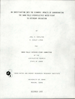 This study was requested by the Swan Falls Interim Study Committee to use existing information, reports, and studies to examine the economic impacts of subordinating the water right at Swan Falls to upstream irrigation. Chapters I outlines the background, objectives, methodology and organization of the report. Chapter II provides a summary and background information of historic and present flows at Swan falls, and factor that can affect the flows. Chapter III examines probable levels of irrigation development and consequences of new irrigation should the Swan Falls water right be subordinated. Chapter IV examines uses a 195,000 acre new development scenario to estimate the impacts of subordination on electric loads, generation and costs. Chapter V investigates the economic impacts on the state under the new development scenario. Chapter VI looks at water markets and water allocations and availability for industry, and Chapter VII examines other environmental, recreational, and fishery costs, constraints, and impacts in the event of water rights subordination.