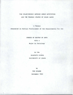 Thesis. A human ecological approach is utilized to develop, measure and analyze human influences on eutrophication in Idaho lakes. Eighty-five lakes were selected for study from the over 2,500 lakes in the state. The lakes were chose primarily for their recreational value or for their trophic status problems. This study is part of a larger, interdisciplinary study, the Idaho Clean Lakes Project, and utilizes the same extensive database. Many of the lakes, especially the high mountain lakes, were previously unsampled. The variables studied represent the influences of land use, land ownership, population growth, and recreational use. The orientation of the research is the ecosystem-watershed concept, emphasizing the watershed as the major boundary of study for each lake. The watershed population and watershed population growth between 1970 and 1980 are major demographic variables, relatively unique in eutrophication studies. [...]