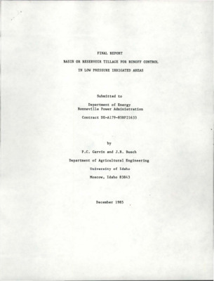 The effects of reservoir tillage on runoff losses, soil moisture content and crop yields were examined. Replicated plots were established on eight different low pressure center-pivot sprinkler irrigated fields, covering a range of soils, slopes, and crop conditions. Results showed that reservoir tillage substantially reduces or eliminates runoff and could increase irrigation efficiencies by as much as 26 percent. Soil moisture contents under reservoir tillage were increased in each study field, and some yield increases were documented also. In no case were yields significantly decreased. The reduction in runoff can be directly translated to a reduction in the energy requirement for irrigation. Under severe runoff conditions (steep slopes, fine soils), potential energy savings of up to 30 percent could be realized using reservoir tillage.