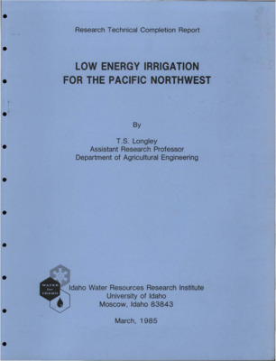 Basin tillage (surface storage enhancement by soil roughening) has been shown to be effective in controlling runoff from small grain plots irrigated with application rates up to 115 mm/hr. and total applications up to 75 mm with a single line of low pressure spray sprinklers. A grain stand reduction problem encountered with the use of basin tillage was overcome with modification to the hanger arrangement on the double disc openers on the drill. After these modifications, basin tilled treatments of spring wheat produced stands and yields not significantly different from conventional tillage. Yield, soil moisture, and runoff data were collected from plots comparing reservoir tillage to basin tillage and conventional tillage in replicated plots for spring wheat, corn, and potatoes. Soil moisture comparisons indicated that more moisture was retained for crop use with the reservoir system as opposed to conventional tillage and basin tillage. Runoff measurements also indicated that no runoff occurred using reservoir tillage, and that from 10 to 60 percent of the water applied left the field with conventional tillage. Yield increases of 9.5 percent with spring wheat, 31 percent with corn, and 22 percent with potatoes were recorded for the plots treated with reservoir tillage versus those with conventional tillage. Microclimate measurements were made of 15, 27, and 40 m downwind of an operating low pressure sprinkler lateral on a number of different days with varying wind conditions. Marked decreases in vapor pressure deficit (VPD) were consistently observed at the 15 m position relative to conditions 9 m upwind of the system. [...]