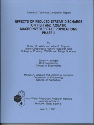 Wild juvenile rainbow-steelhead trout responded to seasonal 95 percent reductions in discharge by emigrating from the test channel. An intermediate (50 percent) reduction in discharge during the 1980 tests resulted in little change in number or biomass. Most emigration occurred during the first night following the 95 percent flow reduction and was predominantly upstream. Since aquatic insects drifted catastrophically during the 24 hours following flow reduction, habitat changes, rather than food limitation, are indicated as the causative factor. Evaluation of changes in microhabitat utilization by juvenile trout showed that mean fish depth increased slightly with flow but was similar between seasons. [...] Juvenile rainbow-steelhead trout were closely associated with cover during summer and fall with the distance to cover decreasing with decreases in discharge. [...] Data point to the importance of habitat-component interactions. [...] Species diversity and insect functional groups showed little response to reduced flows. [...] Reduced flows had little effect on the hyporheic insect community. [...] An evaluation and critique of the 1978 version of the IFG4 model is provided.