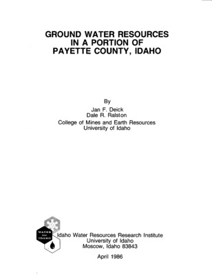 This study was conducted to provide groundwater resource information for Payette County, Idaho. The study area is located in the western edge of a large sediment filled basin, the western Snake River Plain, which consists of over 4,000 feet of lacustrine and fluvial deposits of mostly clay, sand and gravel. Wells and aquifer identification are Lithologic correlation between difficult because of the discontinuous and variable nature of the sediments. Four water quality types were identified from 42 groundwater analyses. Four flow systems are suggested when the four water types are correlated with the subsurface geology. Well hydrographs indicate that the dominant source surface water irrigation in much of the study area of recharge is long-term water level trends are stable in the surface water irrigated areas. Multi-year hydrographs are not available to determine long-term trends in the groundwater irrigated areas. One irrigation well has experienced over 4 ft/year of water level decline. Most of the groundwater enters the study area from the southeast with a small quantity entering from the northeast. Most groundwater discharge is to the Snake and Payette Rivers. Drinking water standards for sulfate, iron, manganese, nitrates and total dissolved solids are exceeded for water quality samples from some wells. The south edge of Clay Peak is identified as a potential problem area for future housing expected. The short development because of well life problem for the low well yields the City of Payette is possibly because of bacteria indigenous to the subsurface.
