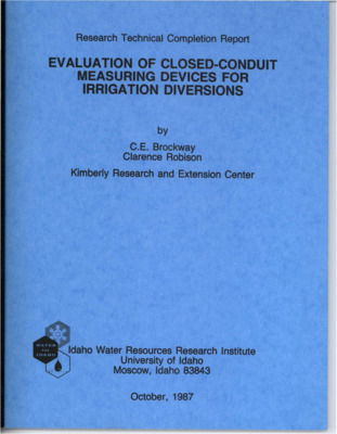 A field evaluation of closed conduit flow measuring systems was conducted to determine technically acceptable devices and develop guidelines for measuring irrigation water diversions from surface and groundwater sources in the State of Idaho. Recommendations are made for standard installation of acceptable commercially available meters. Types of meters evaluated include propellor, impellor, turbine, differential head, and ultrasonic devices. The nature and quality of the water supply and the hydraulics of the diversion or distribution system greatly influence the acceptability of any flow measuring device and the average water user will not have sufficient technical knowledge for meter selection and placement in his system. Typically, most meters have advertised accuracies of two percent and were shown to have field accuracies within  10 percent.