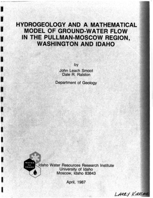 Increasing pumpage rates and declining groundwater levels in the Columbia River Basalts of the Pullman-Moscow area of Washington and Idaho indicate a need for groundwater management. A three-dimensional numerical computer model of groundwater flow is constructed to guide this management. Basalt aquifer thicknesses of 0 to 3500 feet are determined by a magnetotelluric geophysical survey in support of the study. The model incorporates a Grande Ronde Basalt layer, a Wanapum Basalt layer, and an overlying surficial loess layer. A recharge rate of 139 cubic feet per second to the upper layer of the groundwater flow model is calculated using a recharge model developed by the U.S. Geological Survey. groundwater discharge is modeled as stream inflow and seepage where a layer is incised by a river. Cross-sectional models distributed across the domain of the three-dimensional model along flow lines provide an efficient means of obtaining hydraulic coefficient input for the three-dimensional model. The three-dimensional model is calibrated using the time-average method and evaluated through a history match procedure. The model incorporates numerous assumptions and simplifications; model predictions therefore are indicative only of general trends for the future. The model suggests that it is possible for groundwater levels to stabilize if groundwater pumpage stabilizes at a constant level. groundwater level declines will continue into the foreseeable future as long as groundwater pumpage continues to increase.
