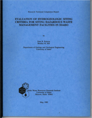 The Idaho Legislature addressed the issue of land disposal of hazardous wastes by adopting the Hazardous Waste Facility Siting Act in 1985. This Act established a committee charged with developing the Idaho Hazardous Waste Management Plan. The plan was formulated and passed the State Legislature in 1987. Hazardous waste facility siting criteria, included in the plan, were developed for siting future land disposal hazardous waste management facilities in Idaho. The siting criteria address depth to water, depth to fractured rock, thickness of unconsolidated fine-grained sediments beneath the proposed site, minimum distance to water supply wells, distance to surface water and location outside of a 500-year recurrence interval floodplain. Two standardized methods for comparing and ranking the hydrogeology at a waste management facility were reviewed. The standard methods of DRASTIC and Harry E. LeGrand were analyzed to determine their effectiveness of siting new facilities within Idaho. Hydrogeologic siting criteria from the States of New Jersey, New York, Arizona, and California were evaluated and compared to the Idaho criteria. New Jersey, California, and Idaho addressed the most comprehensive range of hydrogeologic issues; however, Idaho's criteria are the most stringent. A preliminary application of the Idaho hydrogeologic siting criteria using existing available public information is presented for a portion of southwestern Idaho. The depth to fractured rock and depth to water criteria are the most restrictive in limiting potential sites.