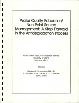 Differing levels of knowledge and the varying backgrounds of non-technical people create obstacles in making antidegradation and other water quality programs operate efficiently. A more informed base for individuals who will be participating in working groups called for in the Antidegradation Agreement, will be accomplished by a workshop on water quality basics. Individuals will be involved in examining watersheds, identifying problems and prescribing solutions. In addition, participants will familiarize themselves with terminology, non-point control strategies, fish habitat requirements, the law and regulations, and other aspects of water quality protection. The workshop will properly prepare the working groups for their responsibilities before they begin the watershed work required in the Agreement.  Instructors: Mr. Bill Clark is a Senior Surface Water Quality Analyst at the Division of Environmental Quality, Idaho Department of Health and Welfare, Boise, Idaho. Dr. C. Michael Falter is a professor in the Fish and Wildlife Resources Department at the University of Idaho.  Mr. Joe Hinson is Executive Vice President at the Intermountain Forest Industry Association, Coeur d'Alene, Idaho. Mr. Bill Love is Chief of the Bureau of Private Forestry at the Idaho Department of Lands, Coeur d'Alene, Idaho. Dr. Dennis L. Scarneccia is an associate professor in the Fish and Wildlife Resources at the University of Idaho. Dr. Fred Watts is a professor in the Civil Engineering Department at the University o Idaho. Mr. Will Whelan is the Policy Analyst at the Idaho Conservation League, Boise, Idaho.