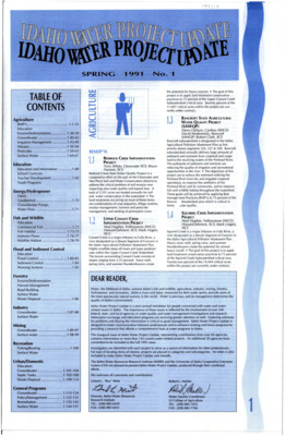 The Idaho Water Project Update a semi-annual newsletter for people concerned with water and water-related issues in Idaho. The importance of these issues is reflected by the involvement of 100 federal, state, and local agencies in water quality and water management investigations and research. Information exchange and education programs are receiving greater attention as well. Exploring solutions for problems and sharing the information is critical to good management. Idaho Water Project Update is designed to foster communication between professional and to enhance existing and future programs by providing a resource that affords a comprehensive look at water programs in Idaho. The inaugural issue of Idaho Water Project Update, representing contributions from over 60 agencies, contains information on more than 150 current water-related projects. An additional 20 agencies have committed to be included in the Fall 1991 issue. Investigators are identified with each project to serve as a source of information for other professionals. For ease of locating items of interest, projects are placed in categories and subcategories. Newsprint format; index provided.