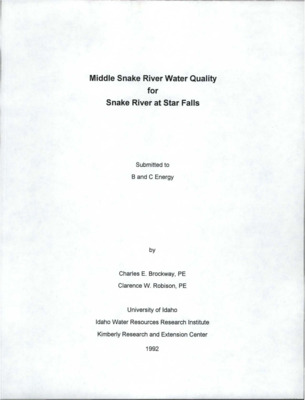 This report covers water quality data collected by the University of Idaho at Kanaka and Boulder Rapids located in the Middle Snake River. The Middle Snake River flows through an incised canyon from Milner Dam to King Hill. The present location and configuration of the river is the result of ancient canyon filling processes and erosion and sedimentation during the Pleistocene Bonneville flood (Malde, 1968). Star Falls and Murtaugh Bridge water quality stations are located in the upper portion of the Middle Snake River reach near Murtaugh, Idaho. The purpose of the water quality study was to develop baseline water quality data on the Middle Snake River at Star Falls to assist in evaluating the impact of a proposed hydropower facility by B and C Energy. Sampling was conducted from July 1991 to December 1991 on a biweekly basis for the Star Falls station. The Murtaugh Bridge station was sampled concurrently with the Star Falls station approximately four times to provide data for establishing a relationship between the two sites. In an earlier water quality study by the University of Idaho, the Murtaugh Bridge station was sampled on a biweekly basis for an entire year. Submitted to B and C Energy.