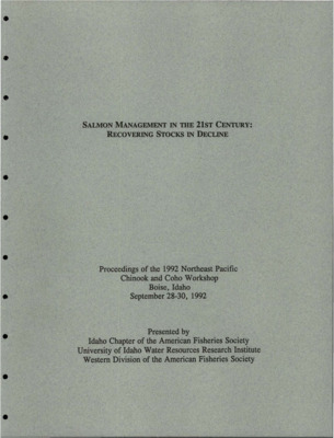 Excerpts from Welcome and keynote address: Idaho Chapter of the American Fisheries Society presents this 1992 Northeastern Pacific Chinook and Coho workshop. The chinook committee of the Idaho Chapter, with the leadership of Dave Cannamela, created this workshop for you. Their objective was to bring new ideas forward and have an opportunity of active discussion... [with the theme] Salmon management in the 21st Century: Recovering stocks in decline. This theme, with minor modifications, might have been the theme of an American Fisheries Society meeting in 1892, 100 years ago. Yet we have a challenge like no other generation facing declining stocks. Over 100 year of professional effort did not prevent the decline of Pacific salmon stocks. [...]I suggest we have three responsibilities as fisheries scientists: (1) to seek biological truth with rigorous review, (2) to be intolerant of partial presentation or misleading presentation of data, (3) communicate clearly the risks society takes when the public chooses to eliminate or compromise biological systems. This workshop offers you two of the tools you need. It offers an opportunity to refine your understanding of several fisheries biology issues, and provides a forum to identify partial or misleading information. [...]