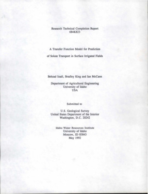 An experiment was conducted during the summer of 1991 to validate the simple Transfer Function Model (TFM) under variable conditions observed in a 0.9 ha furrow irrigated fallow field. Twenty-one spatially distributed sampling stations were established to monitor movement of bromide (Br). Each station consisted of soil solution samplers at 0.3 m and 0.9 m depth, and a neutron probe access tube to a depth of 2.1 m. A narrow pulse of Br tracer was applied by injection through a sprinkle irrigation system. The tracer was subsequently transported downwards by 3 furrow irrigation events, approximately 3 weeks apart. Soil samples were taken to a depth of 2.4 m prior to each irrigation and at the end of the 63-day study period. The Br concentration data were normalized at each station, and the field-averaged BR profiles were determined for each soil sampling date. Methods based on Darcy velocity and piston flow under-predicted the final Br position. The simple TFM calibration functions were successfully developed based on both soil sample and solution sampler data. The simple TFM calibrated based on soil samples predicted the Br position and general Br profile with reasonable accuracy. The simple TFM predicted a slower movement of the solute front when the calibration function based on 0.3 m solution sampler data was used. The delayed response was attributed to lack of direct contact to soil macropores. Considering the variability and sources of error in a study such as this, use of TFM based on soil sampling is a promising approach for field-scale prediction of solute movement.