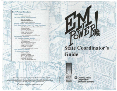 EM*Power, a new 4-H waste management curriculum for grades 6-9, empowers youth to make a difference on waste management issues in their own communities. The EM*Power curriculum: Uses a step-by-step approach to develop critical thinking skills necessary for planning and carrying out waste management or environmental restoration action projects. Is designed for use by 4-H, formal and non-formal youth programs, schools, environmental education programs, and residential camping program. Is being reviewed by the national 4-H curriculum jury for use as a national 4-H curriculum. Was developed through a cooperative effort among the Idaho and Washington 4-H programs, the Idaho Water Resources Research Institute, and the State of Washington Water Research Center. Was pilot-tested and evaluated in Washington and Idaho. Contacts: Maureen Toomey;  Dottie Kunz Shuman; Jerry Newman.
