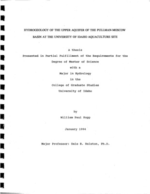 The Kopp thesis presents the results of aquifer tests conducted in the basalt and sediment of the upper or Wanapum aquifer on the west side of the University of Idaho campus.