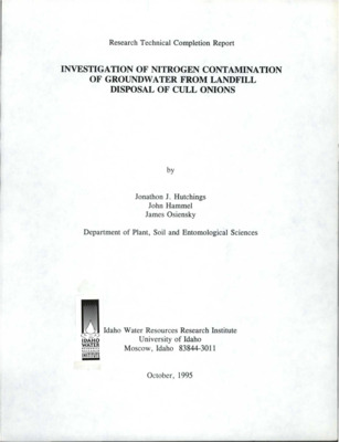 Disposal of cull onions in covered landfills has been a suspected source of nitrate contamination of groundwater in the Treasure Valley region of south-western Idaho and eastern Oregon. A field investigation was undertaken, which characterized leachate generation with regard to nitrogen composition and transport. Two full-scale operational landfills were instrumented prior to onion disposal to: (1) determine the physical controls on leachate generation, (2) investigate nitrate transport using a conservative anionic tracer, and (3) determine the fate of nitrogen.  Water levels were measured in landfills using PVC standpipes, and hydraulic conductivity was measured at the base of the landfills using constant head permeameters. Matric suctions were monitored using thermal dissipation sensors at depths of 0.5, 1, 1.5, 2, and 3 m below the landfills to observe changes in water content and hydraulic gradients. A bromide tracer was used to estimate leachate flux. These measurements, and results of an analysis of unsaturated hydraulic properties of the underlying matrix using the RETC method (van Genuchten et al., 1991) were used to estimate vertical flow velocities in the matrix. Leachate samples were obtained using pressure/vacuum samplers placed at o.5, 1, 2, 3, and 4 m. These samples and water samples taken from within the landfills were analyzed for NO3-N, NH4-N and TKN. Results from 40 months of monitoring indicate that anaerobic conditions were established during the first two to three months of landfill operation and that nitrification was inhibited. It is hypothesized that hydraulic and overburden pressures forced decomposing organic material into sediment pores and fractures, forming a low hydraulic conductivity lining. Water derived from precipitation runoff and from decomposing onions was retained in the landfills because of the low conductivity lining. This "self-lining" retained water in the landfills and restricted leaching in the underlying profiles to unsaturated flow velocities. [...] Submitted to U.S. Geological Survey.
