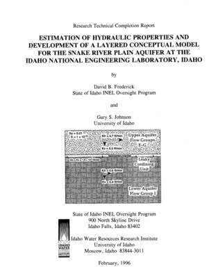 The Idaho INEL Oversight Program, in association with the University of Idaho, Idaho Geological Survey, Boise State University, and Idaho State University, developed a research program to determine the hydraulic properties of the Snake River Plain aquifer and characterize the vertical distribution of contaminants. A straddle-packer was deployed in four observation wells near the Idaho Chemical Processing Plant at the Idaho National Engineering Laboratory. Pressure transducers mounted in the straddle-packer assembly were used to monitor the response of the Snake River Plain aquifer to pumping at the ICPP production wells, located 2600 to 4200 feet from the observation wells. The time-drawdown data from these tests were used to evaluate various conceptual models of the aquifer.  Aquifer properties were estimated by matching time-drawdown data to type curves for partially penetrating wells in an unconfined aquifer. This approach assumes a homogeneous and isotropic aquifer. The hydraulic properties of the aquifer obtained from the type curve analyses were:   Storativity = 3 x 10"; Specific Yield = 0.01; Transmissivity = 740 ft2/min; Anisotropy (Kv:Kh)= 1: 360  Further evaluation of the time-drawdown data collected at various depth intervals in the aquifer indicated that drawdown generally increased with depth. Time-drawdown data were compared to the stratigraphy of the basalt flows and sedimentary interbeds at the Idaho National Engineering Laboratory developed by Anderson (1991). The greatest drawdown was observed in tested intervals below the top of Flow Group I.  To evaluate the implications of this observation, a radial flow model was used to simulate three conceptual models for the Snake River Plain aquifer near the Idaho Chemical Processing  Plant:  1) One Layer System: Single aquifer - Flow Groups E-I (homogeneous and anisotropic)  2) Two Layer System: Upper aquifer - Flow Groups E-G (homogeneous and anisotropic)  Lower aquifer - Flow Group I (homogeneous and anisotropic)   3) Three Layer System: Upper aquifer - Flow Groups E-G (homogeneous and anisotropic)  Confining unit - sedimentary interbed at the top of Flow Group I (homogeneous and isotropic)  Lower aquifer - Flow Group I (homogeneous and anisotropic).  The three-layer system, in which the upper 70 feet of the aquifer is unconfined, the sedimentary interbed at the top of Flow Group I is a leaky confining layer, and the basalt units in Flow Group I represent a leaky confined aquifer, provided the best match of simulated drawdown to observed drawdown. Estimates of the hydraulic properties of each layer were determined by trial and error model calibration. This optimization resulted in the following average estimates for the hydraulic properties of  the composite, three-layer system:  Storativity = 7 x 10"; Specific Yield = 0.009; Transmissivity = 430 ft2/min; Anisotropy (Kv:Kh)= 1:230  The estimated hydraulic properties for each of the three layers are as follows:  1) Upper aquifer (unconfined)--Horizontal conductivity = 3.7 ft/min; Vertical conductivity = 0.3 ft/min  2) Confining layer (leaky)--Horizontal conductivity = 1.4 x ft/min; Vertical conductivity = 1.4 x lo4 ft/min  3) Lower aquifer (leaky, confined)--Horizontal conductivity = 0.6 ft/min; Vertical conductivity = 0.4 ft/min  Calibration of the radial flow model and type curve analysis resulted in similar estimates of the hydraulic properties of the aquifer system, despite major differences in the conceptual models (i.e. one layer versus three layers).  For aquifer characterization studies with less quantitative objectives, such as an evaluation of an area's water supply potential, type-curve analysis may be adequate. However, for more complex needs, such as contaminant-transport modeling, it may be necessary to refine the conceptual model and corresponding estimates of the hydraulic properties.