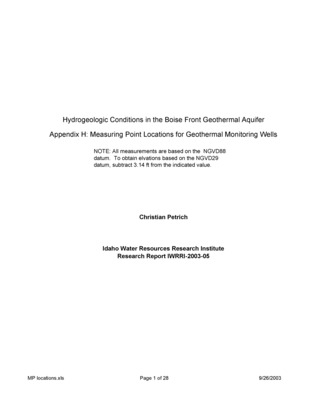 Appendix H uses full color photos to document the exact measurement points on geothermal monitoring wells used in the report: Hydrologic conditions in Boise Front geothermal aquifer (Petrich 2003), including measurements and arrows to identify the points.