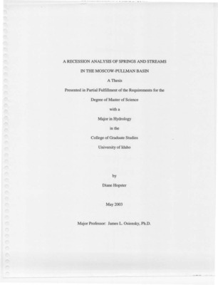 Declining water levels in the Moscow-Pullman basin have caused growing concern over future supplies of groundwater in the region. In the past, the major streams and rivers in Whitman County including Union Flat Creek, the South Fork of the Palouse River, and the Snake River have been considered the major groundwater discharge areas for the Moscow-Pullman basin. Tributary flow into these streams is derived from multiple springs discharging from the valley walls. Recharge mechanisms have generally been considered to either be a combination of areally distributed infiltration of precipitation through the loess and infiltration of water through the Sediments of Bovill or at the contact of the crystalline rock and the basalt In order to estimate the available groundwater supply, a better understanding of the mechanisms affecting natural discharge and recharge to the system must first be established. The purpose of the research was to investigate implications of the locations of springs on groundwater discharge and recharge in the Moscow-Pullman basin.