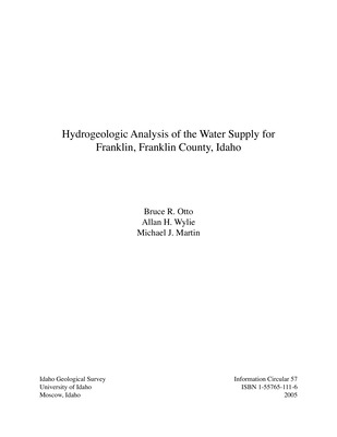 Franklin, the oldest incorporated community in Idaho, lies along the east side of Cache Valley in the Bear River drainage. This town of approximately 640 residents acquires its domestic water from springs and wells along the western front of the Bear River mountain range. Some of the springs contain particulate contaminants, forcing the community to either treat the water or develop a new groundwater source. Scientists with the Idaho Water Resources Research Institute's "Technical Assistance for Rural groundwater Development Within Idaho" project have completed a hydrogeologic study of the Franklin area and recommends the following options: (1) Abandon the contaminated springs or install an adequate treatment system. (2) Drill a new well to replace water lost by decommissioning the contaminated springs. A site is defined east of town for a preliminary test well (Plate 1). (3) Consider drilling an additional well near the existing municipal wells. [...] Particulates contaminate Crooked Spring, one of Franklin's primary water sources. The contamination results from surface water mixing with subsurface water. Further work on the spring cannot eliminate the contamination; therefore the source should be abandoned or the water treated. Dowdell and Kinsford springs, the other spring-water sources, continually provide clean water, so they should be maintained. Since the town already uses two wells that penetrate fractured Tertiary bedrock, a new well drilled nearby in the same fracture system should provide a similar quantity of water as the other wells.