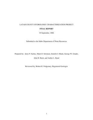 The purpose of the Latah County Hydrologic Characterization Project was to evaluate the potential for shallow groundwater recharge to the upper aquifer in the Moscow area (the Wanapum aquifer) through sediments along the granite/basalt contact, in the vicinity of Moscow Mountain. 47 boreholes were advanced into nearsurface sediments and 6 boreholes were cored into the top 20 feet of Priest Rapids basalt in the South Fork of the Palouse River and Paradise Creek drainages. The Wanapum aquifer is generally understood as being hosted within the Miocene Priest Rapids Member of the Wanapum Formation, includes the underlying sediments and sedimentary interbeds, and is believed to be distinct from the deeper Grande Ronde aquifer. Investigation showed a consistent pattern of sediment deposition, in which granite and/or metamorphic rocks were overlain by heterogeneous (intermixed coarse and fine) sediments of moderate to high permeability, ranging in thickness from 14 to 54 feet. Basalt flows in the area of this investigation were ubiquitously overlain by a substantial thickness (20 - 25 feet) of low permeability fine sediments (poorly sorted silts, sands, and clays, and peat); these low-permeability sediments were overlain by heterogeneous sediments of relatively high permeability, similar in character to those overlying granitic bedrock. Many of the boreholes in basalt terrain encountered elevated moisture contents at the contact between the low permeability sediments and the overlying sediments of higher permeability. In addition, hydrologic testing and examination of core recovered from the boreholes that penetrated the Priest Rapids basalt suggests limited hydrologic connectivity with the overlying sediments, even though the basalt interior probably has substantial bulk (fracture) permeability. On the basis of data gathered in this study, we conclude that recharge to the shallow aquifer along the eastern margin of the Palouse Basin is probably limited by thick, low permeability sediments and poor connectivity between the Priest Rapids basalt and the overlying sediments. It appears likely that the majority of infiltration entering the near surface sediments flows laterally through discontinuous, high permeability sediments until it discharges into local streams (i.e., the South Fork of the Palouse River, Paradise Creek, or their tributaries) or intersects the land surface as spring discharge. There is some circumstantial evidence for this hypothesis from the presence of numerous springs in the area, and anecdotal observations of water discharging to Paradise Creek from sand lenses exposed by excavations near Joseph Street and Mountain View Road in Moscow, Idaho [personal comm., J. Bush]. Bush also notes that the rapid response of first and second order streams in Latah County, consistent with limited recharge and rapid return flow. Some lateral flow may eventually infiltrate the shallow basalt aquifer, either through spatially-discrete areas of high permeability (e.g., paleo-stream channels), or by flowing westward beyond the area of low permeability sediments; however, evaluating the evidence for either of these possibilities was beyond the scope of the present study.