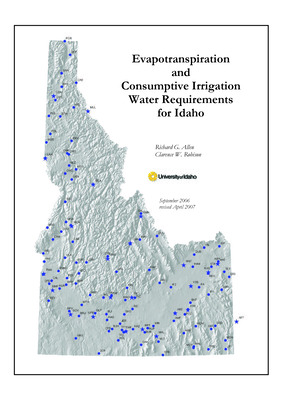 Evapotranspiration (ET) is the primary component of irrigation water requirements for agricultural crops and landscapes. ET is the combined process by which water is converted from liquid or solid forms via evaporation from soil and wet plant surfaces and via evaporation of water from within plant tissue. The latter process is known as transpiration. ET can be expressed as the energy consumed as latent heat energy per unit area or as the equivalent depth of evaporated water. Units for ET are typically mm t-1 where t denotes a time unit (hour, day, month, growing season, or year). Quantification of ET is required to design and size irrigation system components, for operating irrigation and water resources systems, and for conducting water balances. Rates of ET are strongly affected by weather and, during the course of a growing season, by the type of vegetation and availability of water. Evapotranspiration and net irrigation water requirements have been computed for this report on a daily, monthly and annual basis for 123 weather station locations across Idaho for available periods of record. These calculations supersede calculations previously made for Idaho by Allen and Brockway (1983) and use updated methods for calculating both reference evapotranspiration (ETr) and crop coefficients (Kc). The ET estimates represent a wide range of agricultural crops grown in Idaho and ET estimates have been made for a number of native plant systems including wetlands, rangeland, and riparian trees. Estimates have been made for three types of open water surfaces ranging from deep reservoirs to small farm ponds. The ET and net irrigation water requirement calculations are intended for use in design and management of irrigation systems, for water rights management and consumptive water rights transfers and for hydrologic studies. ET calculations have been made for all times during the calendar year including winter to provide design and operation information for managing land application of agriculture, food processing and other waste streams. The weather stations evaluated include 107 National Weather Service (NWS) cooperative stations measuring primarily air temperature and precipitation and 16 AgriMet agricultural weather stations. The AgriMet stations measure a full complement of weather affecting evapotranspiration and are located primarily in the southern part of the state. Monthly wind summaries from the AgriMet stations and some airport locations in central and northern Idaho were used to parameterize the ETr calculations. Calculations have been made through December 31, 2004 for NWS stations and through December 31, 2005 for AgriMet stations. September 2006, revised April 2007.