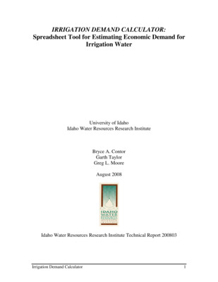 Water in the western United States is essentially fully allocated; thus water for new demands must come from reallocation of existing supplies. Since over 80% of the water withdrawals in the west are for agriculture, potential reallocation mechanisms and the economic impact of reallocation require knowledge of the economic demand for irrigation water. Knowledge of the economic demand for irrigation water is also needed to evaluate: 1) Water-use impacts of shifts in evapotranspiration and precipitation resulting from climate change. 2) Water-supply engineering projects such as building new storage or constructing aquifer storage and recovery (ASR) infrastructure. 3) Water-management options such as: a) water marketing b) groundwater banking c) buyout of irrigation water rights d) pricing mechanisms designed to encourage conservation 4) Water-use impact of the current unprecedented increase in agricultural commodity prices. The spreadsheet tool IRRIGATION DEMAND CALCULATOR is designed for economic practitioners who need to obtain an equation for aggregate demand for irrigation water, under conditions of limited time and/or data and resources. The Tool finds a middle ground between approaches that require large amounts of data and approaches that have restrictive assumptions.