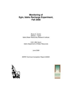 The Egin Lakes are ponds located near a Bureau of Land Management recreational site at the end of the Recharge Canal in southwestern Fremont County, approximately 11 miles west of the town of St. Anthony. A canal extends west of Egin Lakes approximately two more miles to a series of ephemeral ponds referred to in this report as the "West Recharge Area." Tibbitts Lake is located approximately one mile south of the West Recharge Area. Davis Lake is east of Egin Lakes near the confluence of the Last Chance Canal and the Recharge Canal. The subject area for the 2008 Recharge Experiment and the associated Monitoring Project includes all these locations, and in this report the collective area will be referred to as the "Egin Lakes area." Between October and December 2008 Fremont-Madison Irrigation District (FMID) diverted storage water from the Henry's Fork of the Snake River through the St. Anthony, Last Chance and Recharge Canals to the Egin Lakes for a late season recharge project. In this pilot project, approximately 4,860 acre-feet were recharged at Egin Lakes, the West Recharge Area, Tibbitts Lake, and the canals solely devoted to the recharge experiment. During the period of the experiment, additional water entered the aquifer in association with canal leakage from diversions for stock water rights via the St. Anthony and Last Chance Canals. The Idaho Water Resource Board  (IWRB) provided funding to compensate FMID for the cost of the storage water and related maintenance and operation costs of the project. In February 2009, a memorandum of understanding was signed between the Idaho Department of Water Resources (IDWR) and the Eastern Idaho Water Rights Coalition (EIWRC) to provide funding for the University of Idaho, acting through the Idaho Water Resources Research Institute (IWRRI) to provide technical assistance for conducting and evaluating recharge monitoring through spring 2009. It is likely this monitoring will continue either through a renewed agreement with IWRRI or involvement of IDWR personnel.