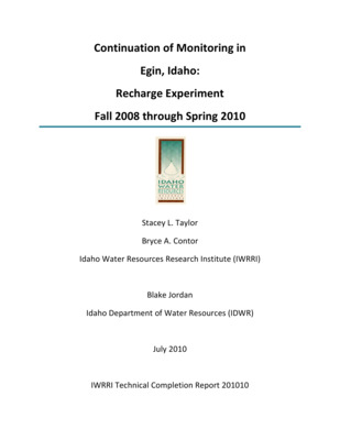 In June 2009, the Idaho Water Resources Research Institute (IWRRI) and Idaho Department of Water Resources (IDWR) produced a report on the managed recharge project conducted in Egin, Idaho entitled "Monitoring of Egin, Idaho Recharge Experiment, Fall 2008" (Contor et al. 2009). Since June 2009, Water District 01 (WD 01) and the IDWR Eastern office (also referred to as IDWR-Eastern) employees have continued the monitoring effort with some assistance from IWRRI. The Egin Lakes ponds are located near a Bureau of Land Management recreational site at the end of the Recharge Canal in southwestern Fremont County, approximately 11 miles west of the town of St. Anthony (Figure 1). Several designated monitoring wells and one private well were monitored during the recharge experiment. The study area has historically been considered a potential groundwater recharge site. Previous investigations have been conducted to determine the feasibility of recharge and benefit to the Eastern Snake Plain Aquifer (ESPA). These previous recharge studies along with the Fall 2008 recharge experiment are discussed in detail in the previous Egin report (Contor et al. 2009). The goal of this project was for WD 01 and IDWR employees to continue monitoring the managed recharge effort in the Egin Lakes study area. WD 01 and IDWR employees maintained a majority of the hand water level measurements in the wells measured during the most recent recharge experiment and measured flow in several canals. IWRRI periodically visited wells installed with transducers and downloaded the data. Bryce Contor of IWRRI spent some of his personal time measuring end of canal spill in the Egin area. NOTE: title page incorrectly identifies this as IWRRI document 201010