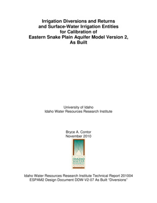This report is a Design Document for the calibration of the Eastern Snake Plain Aquifer Model Version 2 (ESPAM 2). Its goals are similar to the goals of Design Documents for ESPAM 1.1: To provide full transparency of modeling data, decisions and calibration; and to seek input from representatives of various stakeholders so that the resulting product can be the best possible technical representation of the physical system (given constraints of time, funding and personnel). It is anticipated that for some topics, a single Design Document will serve these purposes prior to issuance of a final report. For other topics, a draft document will be followed by one or more revisions and a final as-built Design Document. Superseded Design Documents will be maintained in a superseded file folder on the project Website, and successive versions will be maintained in a current folder. This will provide additional documentation of project history and the development of ideas. The largest source of recharge to the Eastern Snake Plain Aquifer is incidental recharge associated with surface-water irrigation. This occurs as seepage from canals and laterals, percolation below the root zone on irrigated parcels, and to some extent as seepage from drain ditches. Calculation of this impact requires knowledge of surface-water diversions. This design document summarizes the ESPAM1.1 representation and more fully describes the ESPAM2.0 representation of surface-water diversions for irrigation, along with surface returns from irrigation. It also describes the changes in surface-water irrigation entities that were made for ESPAM2.0.