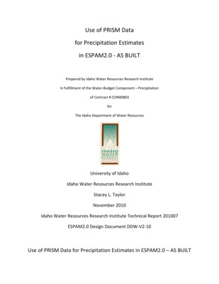 This report is a Design Document for the calibration of the Eastern Snake Plain Aquifer Model Version 2 (ESPAM 2). Its goals are similar to the goals of Design Documents for ESPAM 1.1: To provide full transparency of modeling data, decisions and calibration; and to seek input from representatives of various stakeholders so that the resulting product can be the best possible technical representation of the physical system (given constraints of time, funding and personnel). It is anticipated that for some topics, a single Design Document will serve these purposes prior to issuance of a final report. For other topics, a draft document will be followed by one or more revisions and a final "as-built" Design Document. Superseded Design Documents will be maintained in a "superseded" file folder on the project Website, and successive versions will be maintained in a "current" folder. This will provide additional documentation of project history and the development of ideas. Precipitation values for ESPAM2 were processed from PRISM data as was done in ESPAM 1.1. A general review of the ESPAM1.1 method of processing PRISM data for the model is provided in this design document. For a more detailed review of the ESPAM1.1 approach, refer to the design document DDW- 011 (Gilliland, 2003). The purpose of this design document is to explain any differences between the two versions of the model (ESPAM1.1 and ESPAM2).