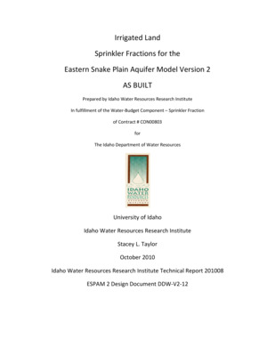 This report is a Design Document for the calibration of the Eastern Snake Plain Aquifer Model Version 2 (ESPAM 2). Its goals are similar to the goals of Design Documents for ESPAM 1.1: To provide full transparency of modeling data, decisions and calibration; and to seek input from representatives of various stakeholders so that the resulting product can be the best possible technical representation of the physical system (given constraints of time, funding and personnel). It is anticipated that for some topics, a single Design Document will serve these purposes prior to issuance of a final report. For other topics, a draft document will be followed by one or more revisions and a final "as-built" Design Document. Superseded Design Documents will be maintained in a "superseded" file folder on the project Website, and successive versions will be maintained in a "current" folder. This will provide additional documentation of project history and the development of ideas. The amount of land irrigated in the ESPAM2 model area is required to estimate the following factors in the water budget: (1) evapotranspiration (ET) and (2) recharge that is expected to occur. The application method (whether the irrigation method is by sprinkler or gravity irrigated) also affects these two factors. The purpose of this design document is to provide a brief summary of how the sprinkler fractions were calculated in ESPAM1.1 and to discuss what was completed for ESPAM2. DRAFT.