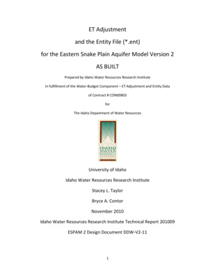 This report is a Design Document for the calibration of the Eastern Snake Plain Aquifer Model Version 2 (ESPAM 2). Its goals are similar to the goals of Design Documents for ESPAM 1.1: To provide full transparency of modeling data, decisions and calibration; and to seek input from representatives of various stakeholders so that the resulting product can be the best possible technical representation of the physical system (given constraints of time, funding and personnel). It is anticipated that for some topics, a single Design Document will serve these purposes prior to issuance of a final report. For other topics, a draft document will be followed by one or more revisions and a final "as-built" Design Document. Superseded Design Documents will be maintained in a "superseded" file folder on the project Website, and successive versions will be maintained in a "current" folder. This will provide additional documentation of project history and the development of ideas. Evapotranspiration (ET) on irrigated lands is required input for the ESPAM2 model. ET on irrigated land varies depending on how the land is irrigated. Calculation of ET on irrigated lands in ESPAM2 uses a unique ET adjustment factor for sprinkler irrigated land and gravity irrigated land. Each individual entity has its own ET adjustment factors for sprinkler and gravity. The purpose of this design document is to (1) provide the calculations necessary to find the ET adjustment factors for each entity and (2) provide the actual ET adjustment factors found in the entity file, denoted with the file extension ".ent". An appendix (Appendix A) is provided in this document detailing "how-to" instructions for performing the calculations in ArcMap for the purpose of repeating this procedure for new irrigated lands shapefiles. Appendix B contains the data in the actual entity file (*.ent). DRAFT.