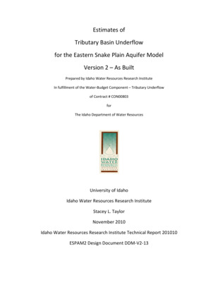 This report is a Design Document for the calibration of the Eastern Snake Plain Aquifer Model Version 2 (ESPAM 2). Its goals are similar to the goals of Design Documents for ESPAM 1.1: To provide full transparency of modeling data, decisions and calibration; and to seek input from representatives of various stakeholders so that the resulting product can be the best possible technical representation of the physical system (given constraints of time, funding and personnel). It is anticipated that for some topics, a single Design Document will serve these purposes prior to issuance of a final report. For other topics, a draft document will be followed by one or more revisions and a final "as-built" Design Document. Superseded Design Documents will be maintained in a "superseded" file folder on the project Website, and successive versions will be maintained in a "current" folder. This will provide additional documentation of project history and the development of ideas. Tributary underflow is the discharge of subsurface water from a tributary basin into an area of interest, such as an aquifer. Tributary underflow to the Eastern Snake River Plain Aquifer is recognized in 22 surrounding basins. Because tributary underflow is flow beneath the surface, it is difficult to estimate yet it is an important component of recharge in the water budget for the Eastern Snake Plain Aquifer Model. The purpose of this design document is to briefly review how the values of tributary underflow were estimated in ESPAM1.1 and to explain how estimates were made for ESPAM2.