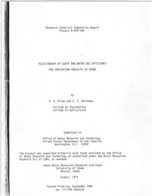 Seventeen representative irrigation projects located between Payette and St. Anthony, Idaho were selected for study. These cooperating districts obtain their water from the Snake River and its tributaries. They range in size from 2400 to 150,000 acres and employ a wide range of management and water pricing policies, as well as methods of water diversion and distribution. Information on project administration, operation and maintenance costs were gathered for years 1974, 1975, and 1976, and water diversions, deliveries and losses were measured or estimated for the 1977 irrigation season. These data were analyzed using procedures which expressed water costs and water used efficiencies uniformly for all projects studied. Highly significant relationships existed between selected 0 & M cost to water use data and physical characteristics of project systems. Characteristics of conveyance, application and diversion systems varied considerably among projects. Annual project operating costs, including costs for electrical power, ranged from $1.85 to $61.40 per acre and irrigation efficiencies ranged from 12 percent to 59 percent for the 1977 season. Project diversions ranged for 2.6 to 12.6 acre feet per acre.