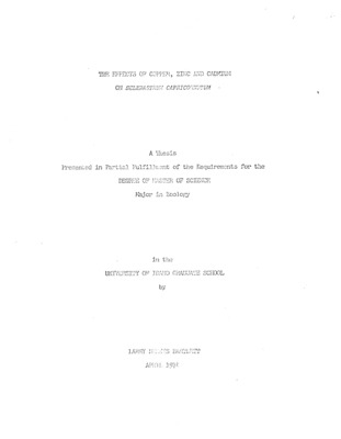 The algicidal and algistatic effects of copper, zinc and cadmium on Selenastrum capricornutum, a unicellular green alga were analyzed by using a modification of the Algal Assay Procedures Bottle Test. Algicidal concentrations of copper, zinc and cadmium were 0.30, 0.70s and 0.65 mg/1. Treatment of Selenastrum with various concentrations of the metals resulted in similar growth rates characterized by extended lag growth phases. Combinations of copper, zinc and cadmium were similar in toxicity to equal concentrations of zinc. Combinations of copper and cadmium resulted in a greater growth rate than equal concentrations of copper suggesting that cadmium may inhibit copper toxicity. Fork and North Fork of the Coeur d'Alene River where zinc and other metals were in low concentration. However, Selenastrun was not able to grow in water from other parts of the drainage where zinc concentrations were greater than O.O1 mg/1. These observations were consistent with laboratory findings where 0.7 mg/1 zinc was algicidal and 0.12 mg/1 inhibited the growth of Selenastrun.