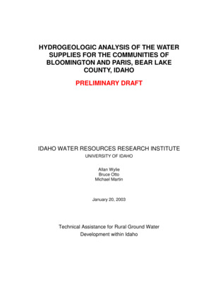 The IWRRI Community Water Project team met with the city councils of Bloomington and Paris, Idaho and agreed to provide the communities with assistance to: 1) evaluate the hydrology of the cities springs, 2) delineate recharge areas for these springs, 3) identify alternative groundwater targets, 4) identify the recharge zones for the new targets, and 5) distribute results to the city, the city engineers, and the Idaho Department of Environmental Quality.