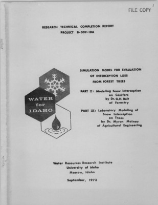 This portion of the study was conducted to develop models or methods of defining interception storage of snow on conifer trees. Field data obtained in physical modeling oi individual trees and data taken from the literature were used to define mathematical relationships for the intercepted precipitation and modeled ''species'' variations in trees. The defined relationships were subsequently incorporated in a computer simulation model for prediction of interception storage by a stand of trees. Comparison of interception storage derived from the stand model with measurements on the model trees indicates reasonable predictive capacity for both individual tree and stand models. Several forms of the sigmoid curve were useful in defining relationships between precipitation, interception storage and the end of storms and vegetational parameters, Surface ratio, related to crown projection area, was found to be a suitable parameter in defining differences in the format of the sigmoid curves. Second portion of the study was conducted to determine the interception characteristics of both artificial and real trees using artificial snow. A drum apparatus was constructed to allow artificial snow to be dropped over the trees. It was found that for 3 ft. high artificial trees, the smaller branch angles intercept more snow than larger branch angles in terms of interception over projected areas of the tree. The shape of the interception vs precipitation curve is the same for both real and artificial trees except that the amounts are considerably less for real trees. There was no appreciable difference between the interceptionprecipitation curve for the two heights (3 ft & 6 ft) of the species of trees (real) tested.
