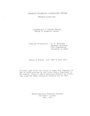 Results of a three year study on the factors contributing to natural sealing of irrigation canals and reservoirs are presented. Laboratory evaluations of the effect of sedimentation, microbiological activity and soil-water chemical reactions on the hydraulic conductivity of soils were performed. Particular emphasis was on the Portneuf silt-loam soil of southern Idaho. Techniques for determining and predicting the sediment entrapment in soils from hydraulic conductivity measurements in laboratory columns are presented. Application of a method utilizing soil clay content, exchangeable sodium percentage, and total salt concentration of irrigation water to predict hydraulic conductivity is evaluated. The effect of microbiological activity in the benthic area of canals and reservoirs on seepage rates is discussed. Field tests in an operating canal to monitor soil moisture tension, soil moisture and seepage rates during an irrigation season are outlined. Long term reduction in seepage rates of canals constructed in silt loam soils is due to the formation of an impeding layer on the canal bottom due primarily to sedimentation. Seasonal changes are predominantly affected by microbiological activity in the impeding layer.