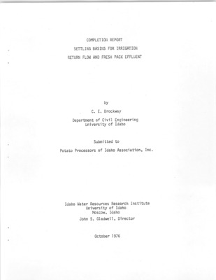 Sediment yield was monitored from seven fields in southern Idaho to determine the effects of crop type, soils, topography and other parameters. Regression techniques and application of the Universal Soil Loss equation were used in attempts to develop predictive procedures for sediment yield. Measured seasonal sediment yields varied from .34 to 37.0 tons/acre depending on the crop, soil type and field slope. Average sediment and nutrient removal efficiencies for farm settling ponds for an irrigation season varied from 69 to 93 percent for sediment and from 25 to 78 percent for phosphate and nitrogen. A mathematical model was developed as a tool for settling pond design and the model results verified with measured data. Water quality parameters of effluent from four potato fresh pack operations were measured and removal efficiencies determined on four settling facilities. Removal efficiencies of 70 to 90 percent for C.O.D., 63 to 99 percent for suspended solids and 13 to 80 percent for total nitrogen were measured.