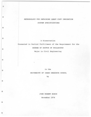 A methodology for obtaining least cost irrigation system specifications was developed and applied. Irrigation systems, as defined, consisted of application system and distribution system components and did not include reservoirs of any type. An analytical model employing a two-stage dynamic-, linear-programming technique was used to select and arrange system components such that a least cost overall system would result.