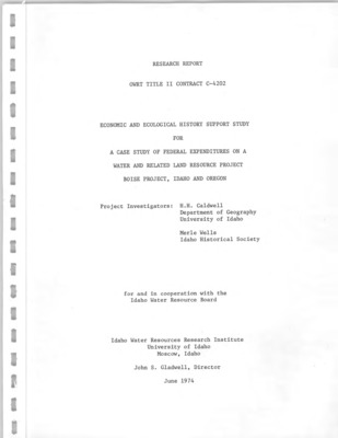 The overall focus is with the 'effect and impact of the federal expenditures and the combined consequences of that expenditure' on the historical development of the natural resources and the related economic factors in the Boise Project. The study utilizes prior available studies, reports,and news accounts, and supplements these with some original research and field studies within the time and funding restraints provided.