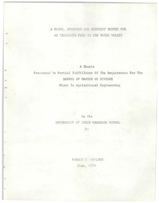 During the summers of 1971 and 1972 the Agricultural Engineering and Soils Departments of the University of Idaho conducted a study on a gravity irrigated farm in the Boise Valley. The purpose of this study was to determine the quantities of total solids and selected nutrient materials that were lost from the farm as a result of irrigation. In order to obtain the necessary data, measuring devices were installed in all ditches and equipped with stage recorders to obtain a continuous record of the flows entering and leaving the farm. Water samples of the head- and tailwater were collected during each irrigation set. Samples of the groundwater were periodically collected from ten twelve-foot piezometers located on the farm. During 1972, four sets of solution samplers were installed in each field. Samples of the soil solution at various depths were collected from these samplers after each irrigation. All samples were quick-frozen and sent t o the laboratory for analysis. Each sample was analyzed for nitrate-nitrogen, ammonia, organic nitrogen, two forms of phosphorus and total solids. APHA Standard Methods and FWCA Standard methods were employed in making these analyses.