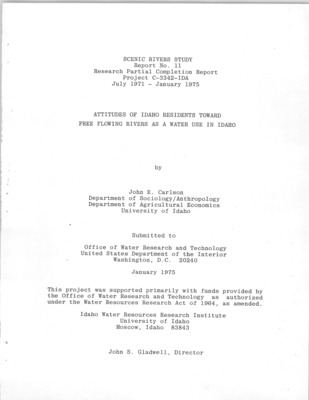 Several issues form the problem under study here. What are the differential emphases on these three aspects of resource use by the people of Idaho? What are the socio-economic characteristics and behavioral patterns of the holders of various orientations toward wild rivers in Idaho? Do people have different attitudes toward wild rivers depending on the place of natural resources in their overall priority structure? These are a few of the questions this study has been designed to answer. Specifically, the study will focus on the following objectives: 1. Determine the relative position of natural resources among other areas of concern of the people of Idaho. 2. Determine the relative importance of various land and water uses to the people of Idaho. 3. Among these land and water uses determine the relative importance of wild rivers to the people of Idaho. 4. Analyze objectives 1-3 in light of the various social, economic, and geographic characteristics of Idaho residents.