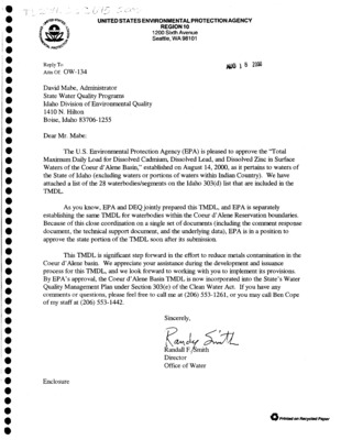 This is an EPA and IDEQ report that lists total maximum daily loads (TMDL) of dissolved cadmium, dissolved lead, and dissolved zinc in the surface waters of the Coeur d'Alene Basin