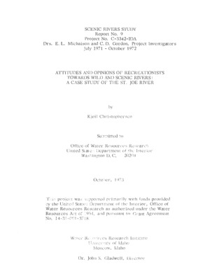 This report compiles information obtained from recreationists interviewed along the St. Joe River, regarding their attitudes and opinions of the proposed inclusion of the river in the National Wild and Scenic Rivers System. A sample of 350 randomly selected recreationists were interviewed. They were stratified into resident and non -resident categories for analytical purposes. Results of the survey revealed that large majorities of both resident and non-resident respondents were strongly or mildly in favor of including the entire river in the Wild and Scenic Rivers System. Their inclusion preferences were largely consistent with responses indicating a general desire to leave the area essentially as it is with little or no further development. In ranking recreational participation activities and other recreational features, the ""scenic beauty"" category received the most ""excellent"" votes. Few respondents gave any of the categories a ""poor"" rating. The majority of resident and non-resident recreationists indicated a willingness to pay entrance fees if the inclusion of the river in the National Wild and Scenic Rivers System necessitated the imposition of user charges.
